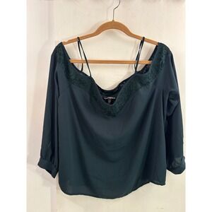 Express Cold Shoulder Blouse L Dark Green Lace Trim Long Sleeve Women